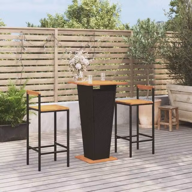 Berkfield Home 3 Piece Modern Garden Bar Set in Black Poly Rattan and Solid Acacia Wood