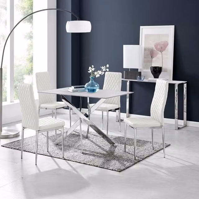 FurnitureboxUK Leonardo White Glass Marble Effect Dining Table with 4 Milan Chairs in White and Silver