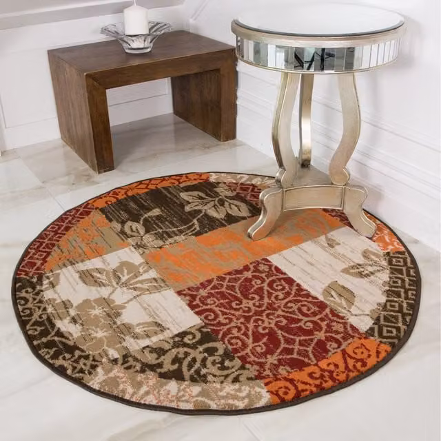 The Rug House Red Terracotta Brown Floral Patchwork Boho Living Room Rug, W/D/H: 160 x 160 x 0.8 cm