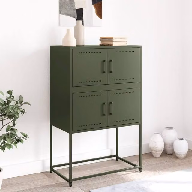 Berkfield Home Steel Sideboard in Matt Olive Green, W/D/H: 68.5 x 38.5 x 107 cm
