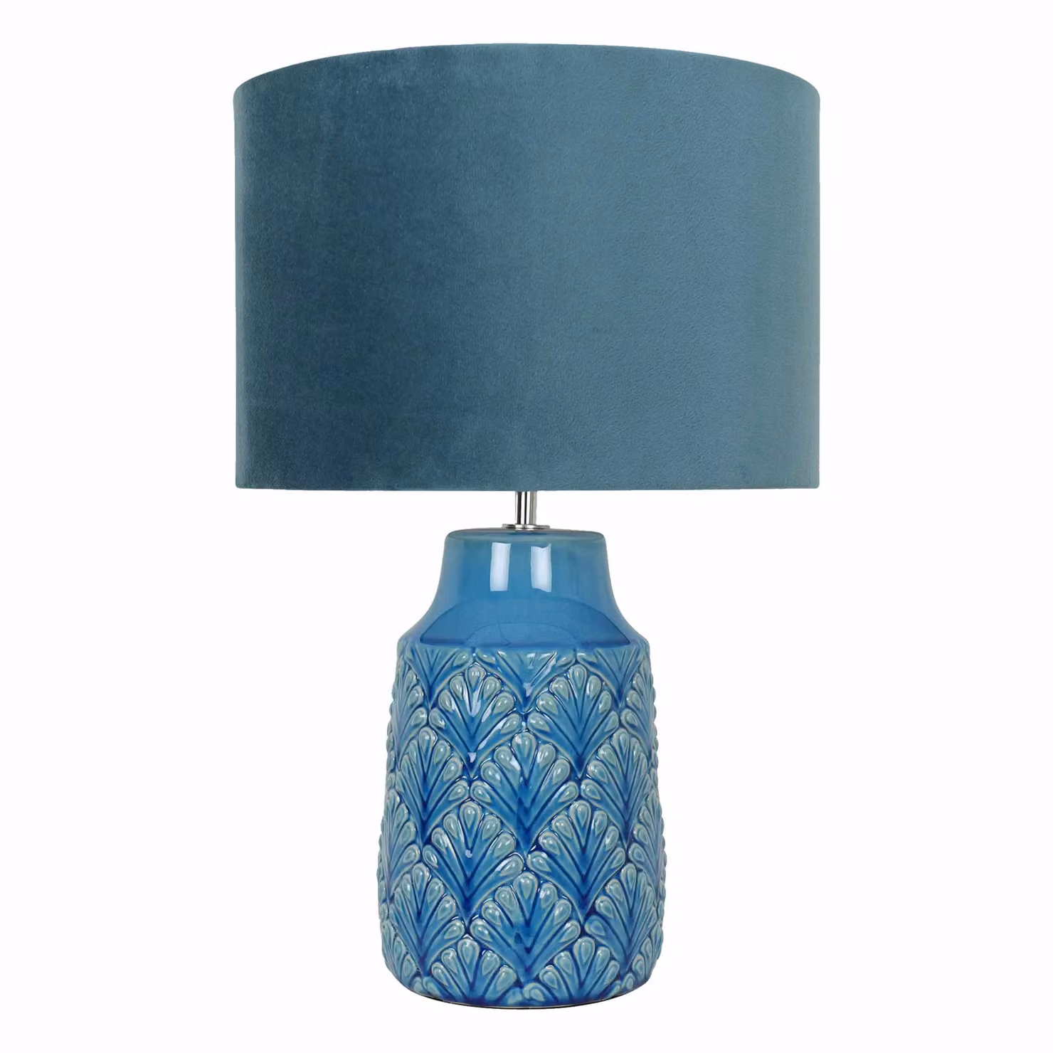 First Choice Lighting Set of 2 Blue and White Peacock Ceramic Table Lamps with Teal Fabric Shades – 2