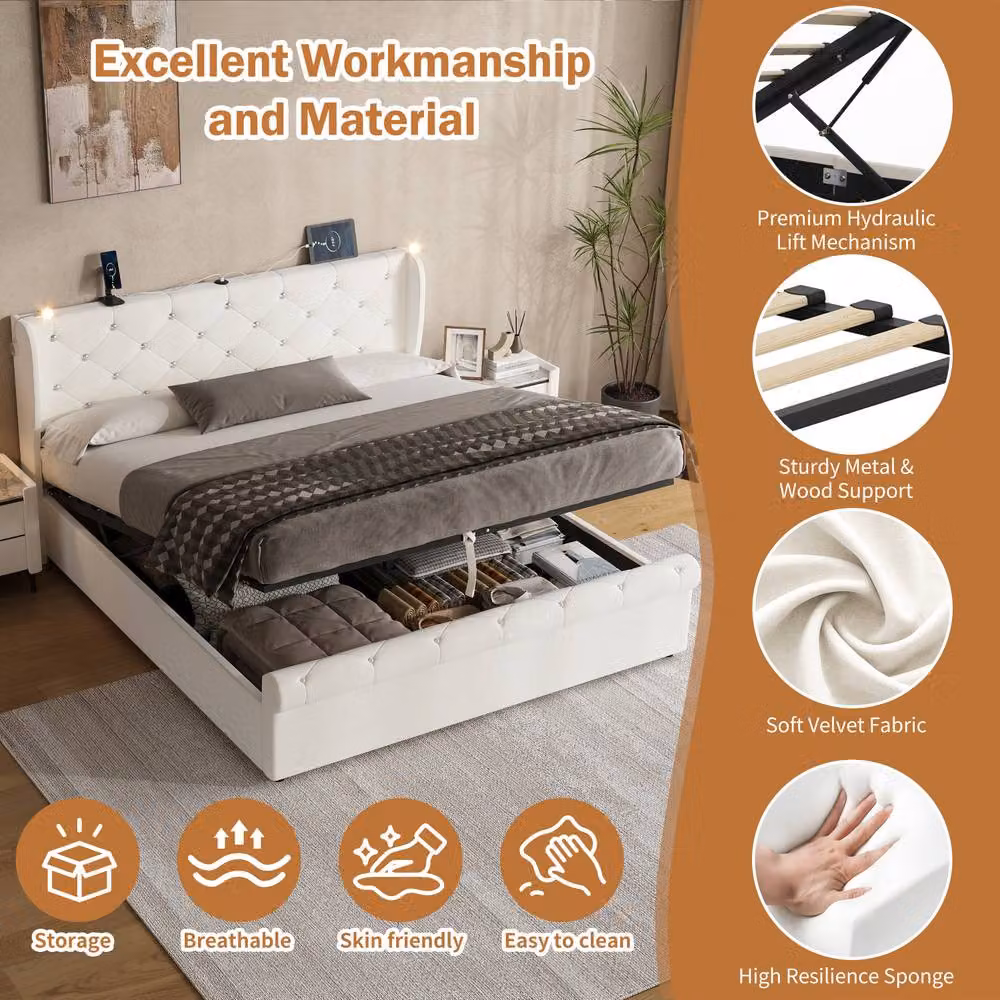 Matteo King Upholstered Bed Frame in Beige Velvet with Hydraulic Lift-Up Storage, Integrated Reading Light and USB Charging Port, W/D/H: 180 x 200 cm – 4