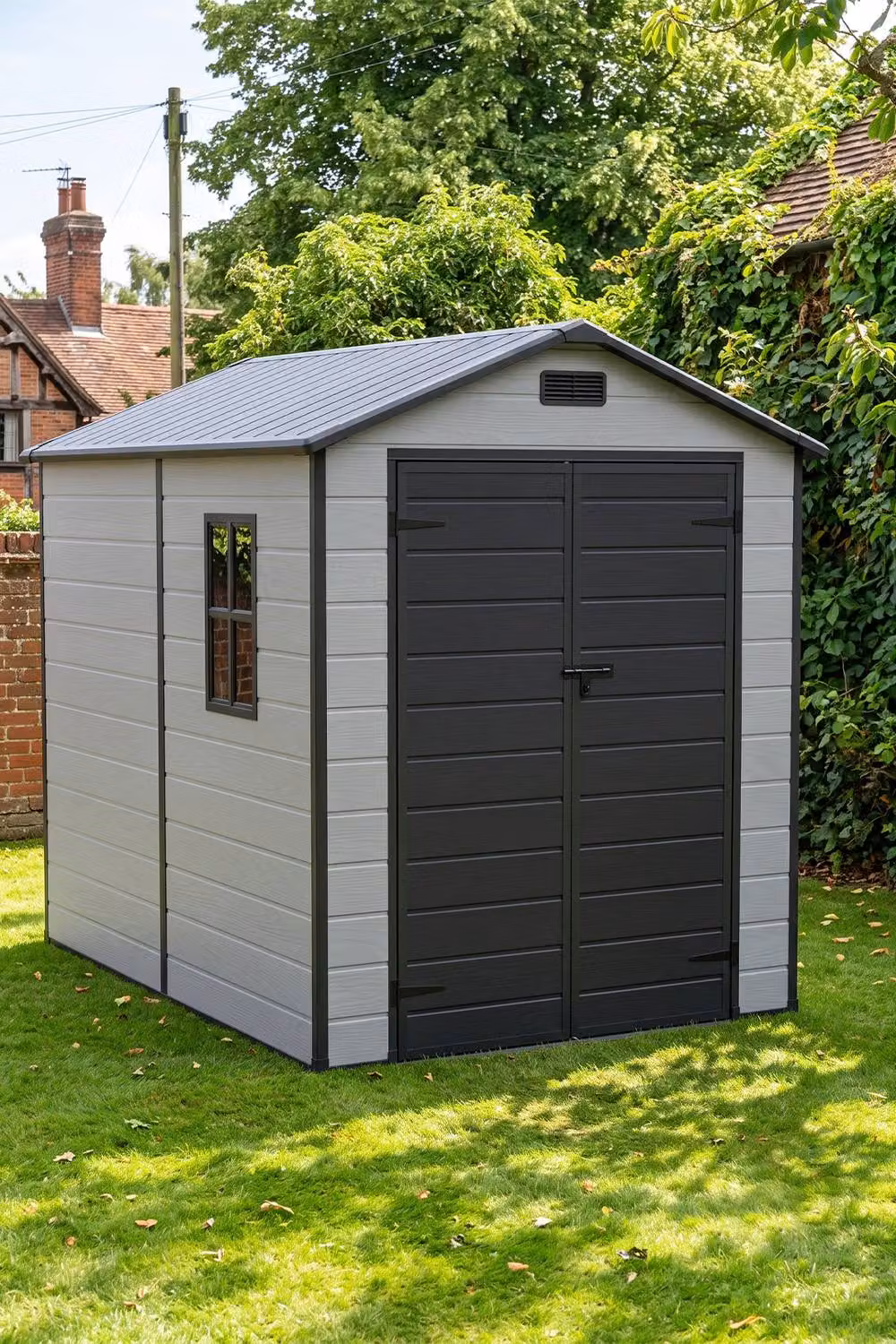 Living and Home Grey Plastic and Aluminium Outdoor Garden Storage Shed with Double Doors and Gable Roof, W/D/H: 182.88 x 182.88 x 218.0 cm – 3