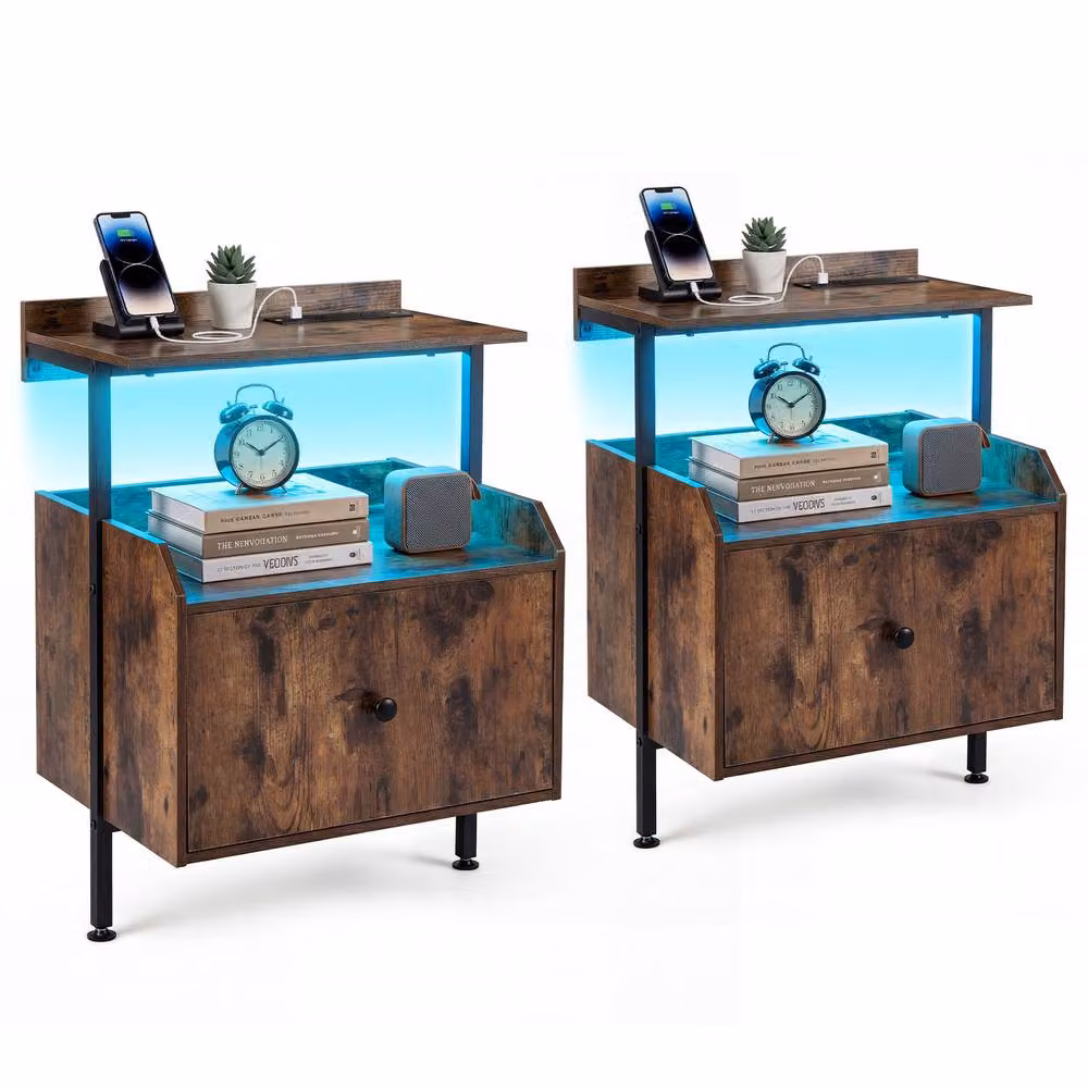 Gymax Industrial Bedside Nightstand with Integrated Lighting and Charging Station, Brown – 9