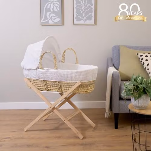 Clair de Lune Waffle Moses Basket with Natural Folding Stand in White – 2
