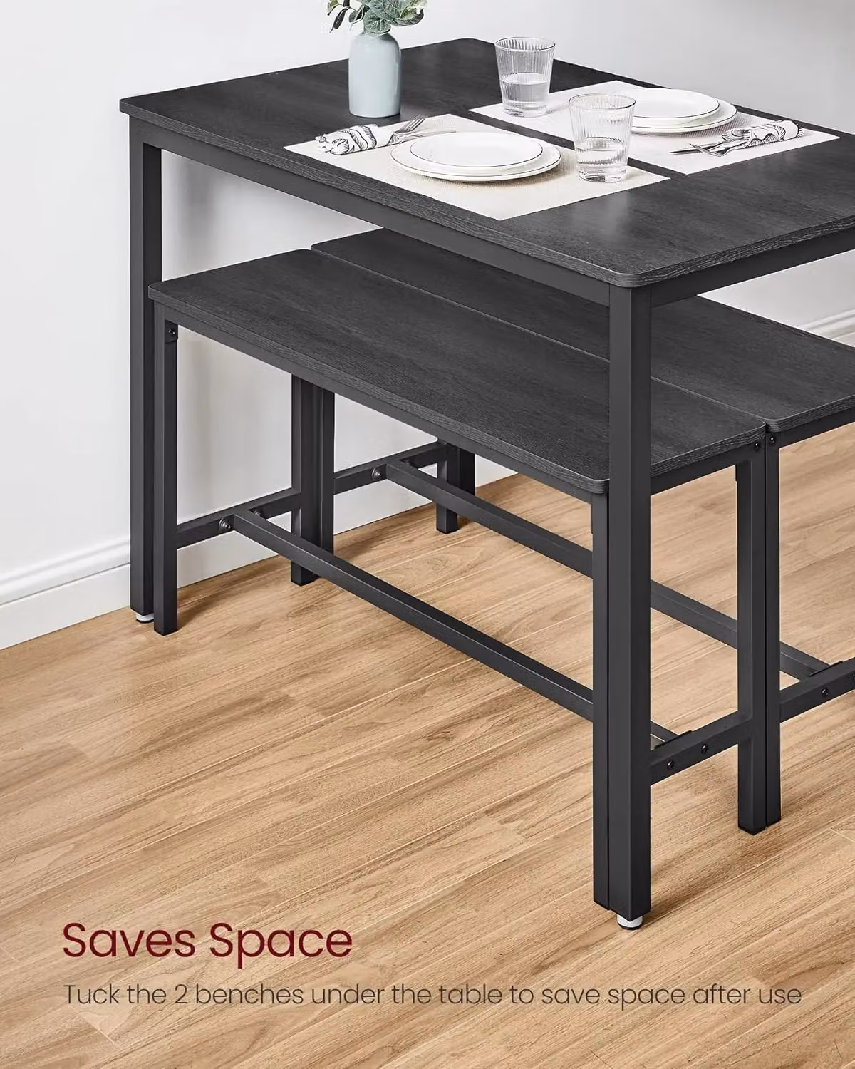 VASAGLE 3 Piece Industrial Style Dining Table and Benches Set in Black – 4