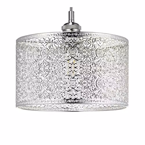 Happy Homewares Ornate Moroccan Style Silver Metal Circular Pendant Lamp Shade, W: 25 cm, H: 15 cm – 1