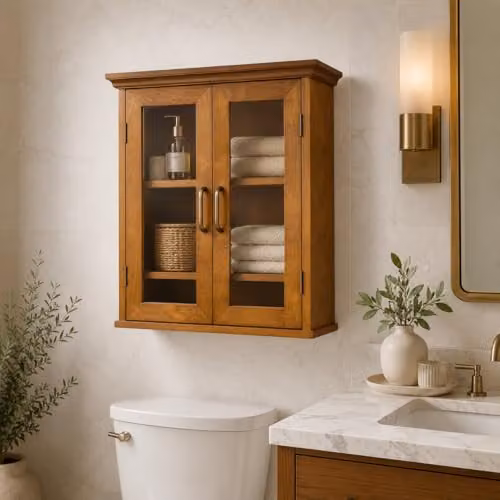 Teamson Home Avery Two-Door Wall Mounted Bathroom Cabinet in Oiled Oak with Glass Doors, W/D/H: 60.96 x 21.59 x 52.06 cm – 2