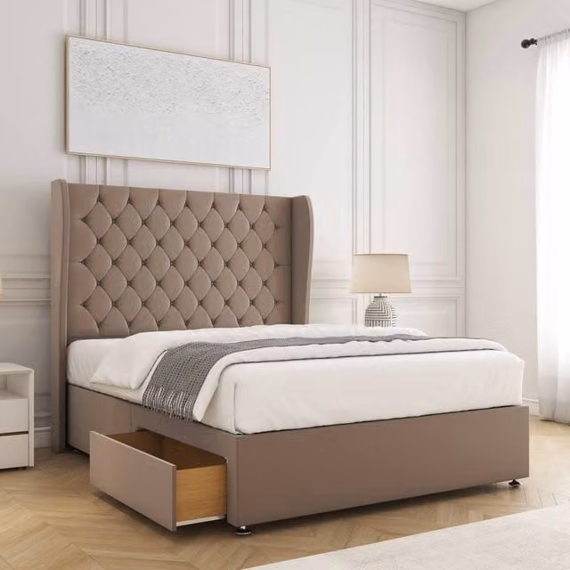 BSSPOKE Amelia Divan Bed Set in Bronze Plush Velvet with 2 Drawers and 54 inch Headboard, Small Double, W/D/H: 120 x 200 cm