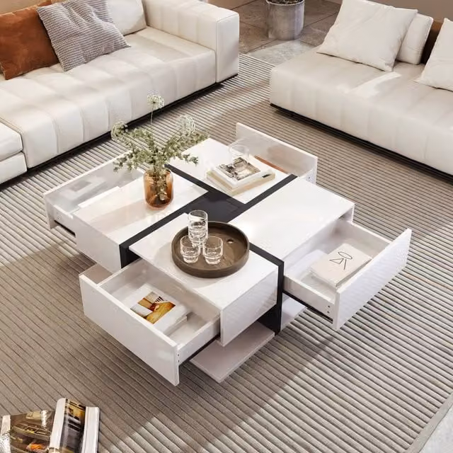 Merax Modern Square Coffee Table with 4 Drawers and Storage Shelf in Glossy White, W/D/H: 78 x 45 x 78 cm