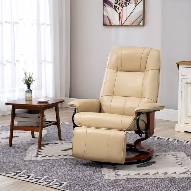 HOMCOM Ergonomic PU Leather Office Recliner Sofa Chair with 360 Degree Swivel and Armrests in Beige – 1