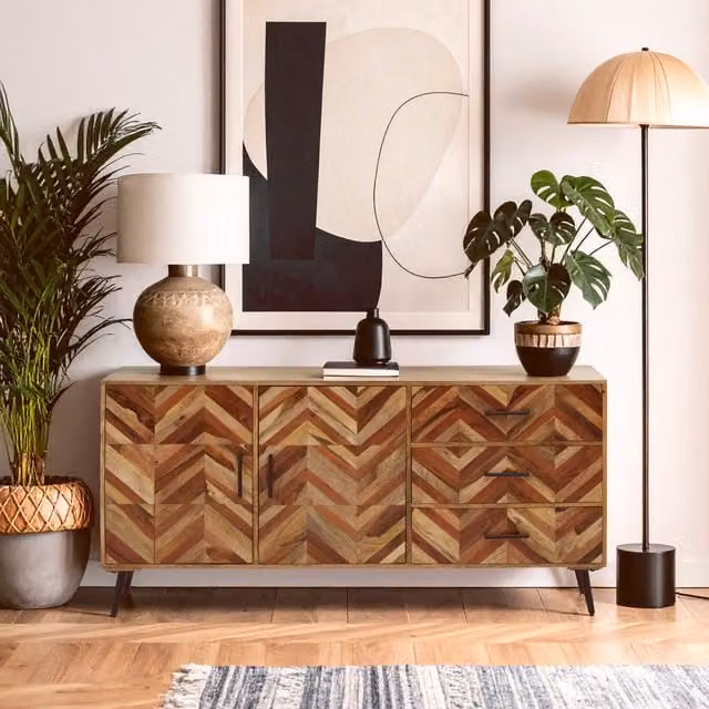 Orsina Boho Mango Wood Sideboard with Two Doors and Three Drawers in Brown