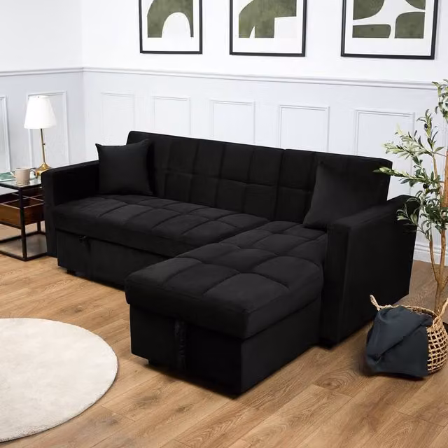Bravich LTD Milo Reversible L-Shape Corner Sofa Bed with Storage in Black Velvet, W/D/H: 206 x 140 x 80 cm