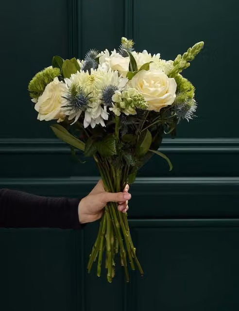 M&S Flower Market White and Blue Rose and Seathistle Floral Bouquet