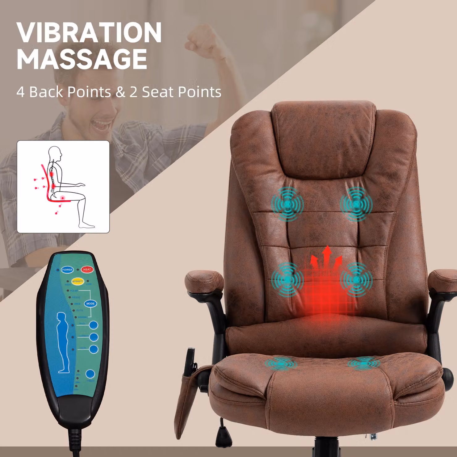 Vinsetto Ergonomic Brown Fabric Gaming and Office Chair with 6-Point Massage and Heated Back Support – 3