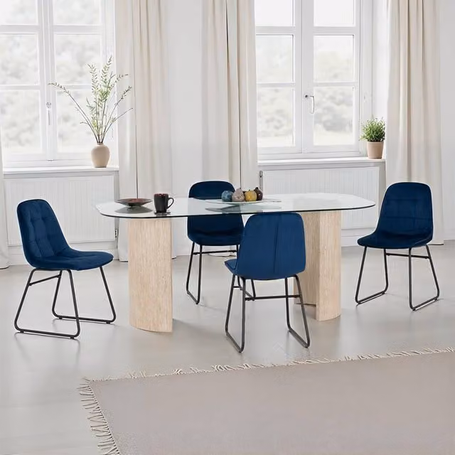 Seconique Modena Dining Set with Blue Lukas Upholstered Chairs and Oval Glass Table