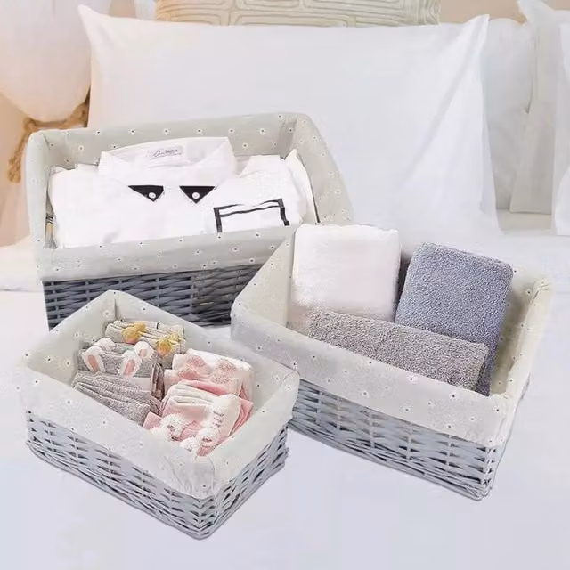 Marco Paul Set of 3 Grey Open Weave Wicker and Rattan Storage Baskets with Fabric Lining