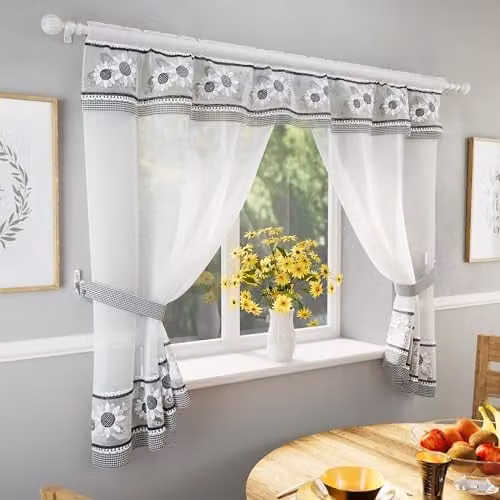 Tyrone Textiles Keswick Black and White Floral Embroidered Window Set with Two Matching Tie Backs, W: 249 cm, D: 91 cm
