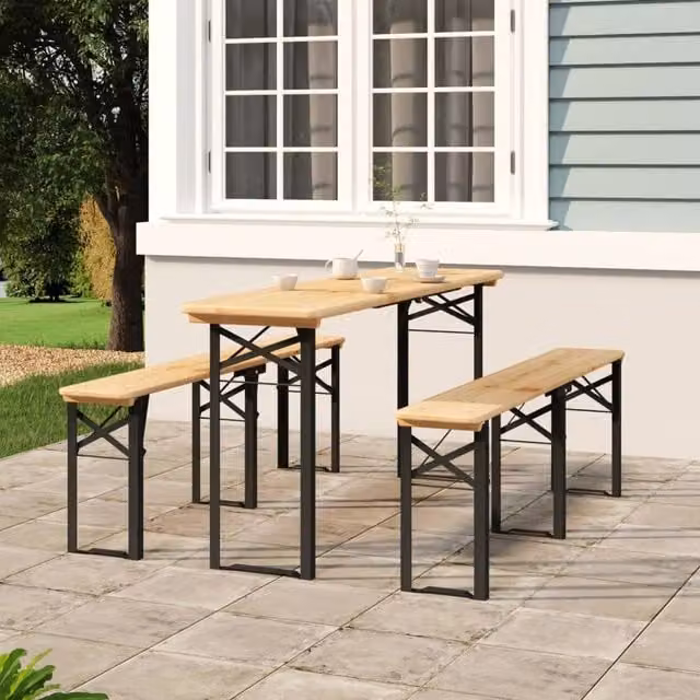 Berkfield Home 3 Piece Folding Beer Table Set in Brown Solid Wood and Metal
