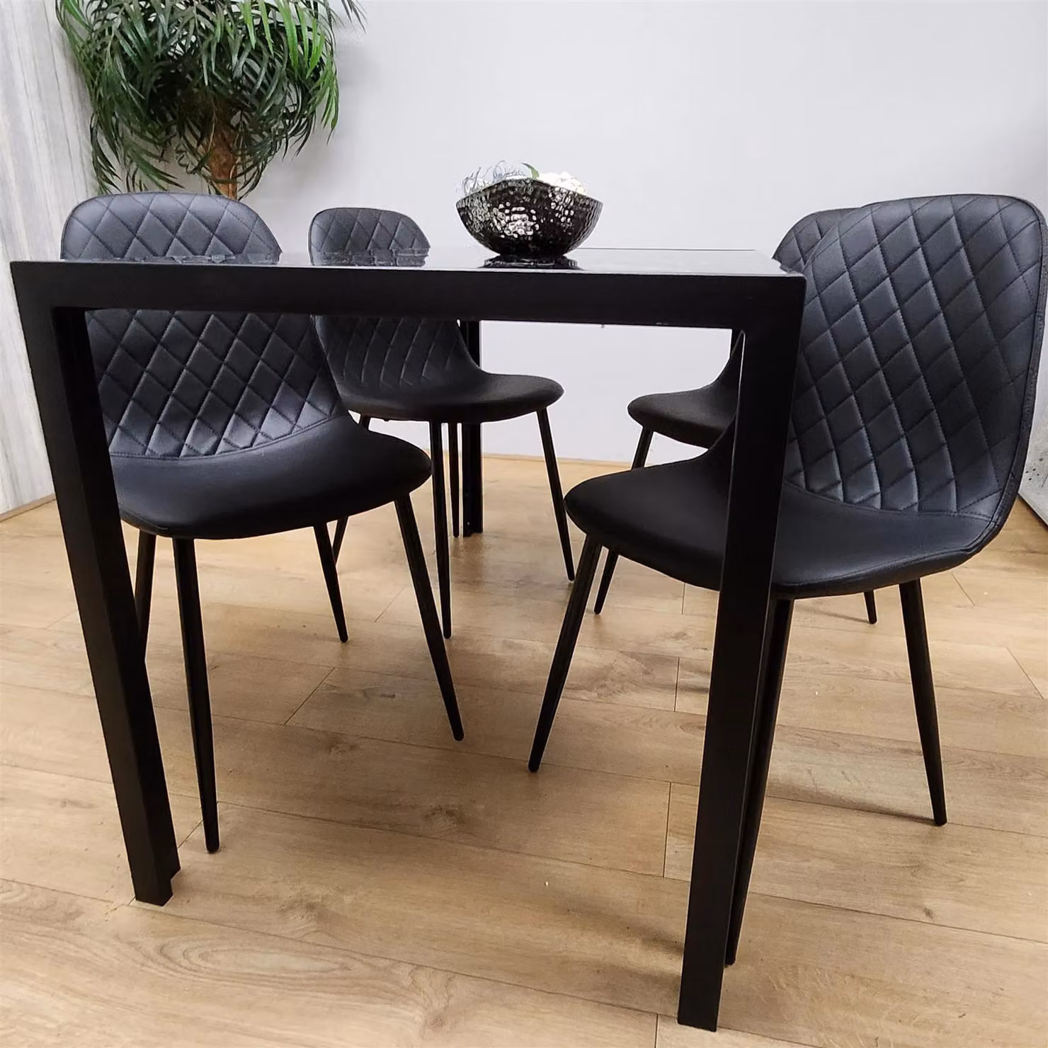 KOSY KOALA Modern Rectangular Marble Glass Dining Table and 4 Diamond Patterned Faux Leather Chairs Set in Brown and Black, W/D/H: 140 x 70 x 75 cm – 2
