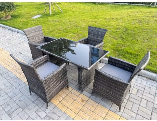 Fimous 4-Seater Rattan Garden Furniture Set with Black Glass Table and Dark Grey Chairs