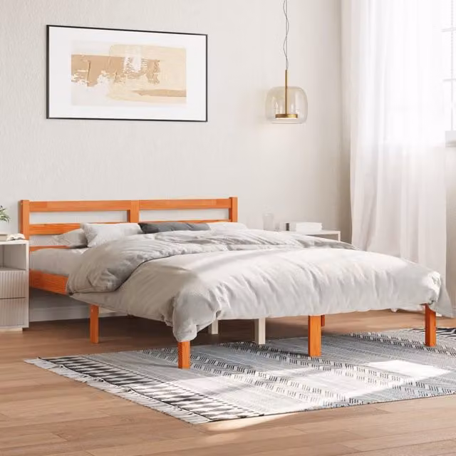 Berkfield Home Double Bed Frame in Wax Brown Solid Pine Wood, W/D/H: 135 x 190 cm – 1