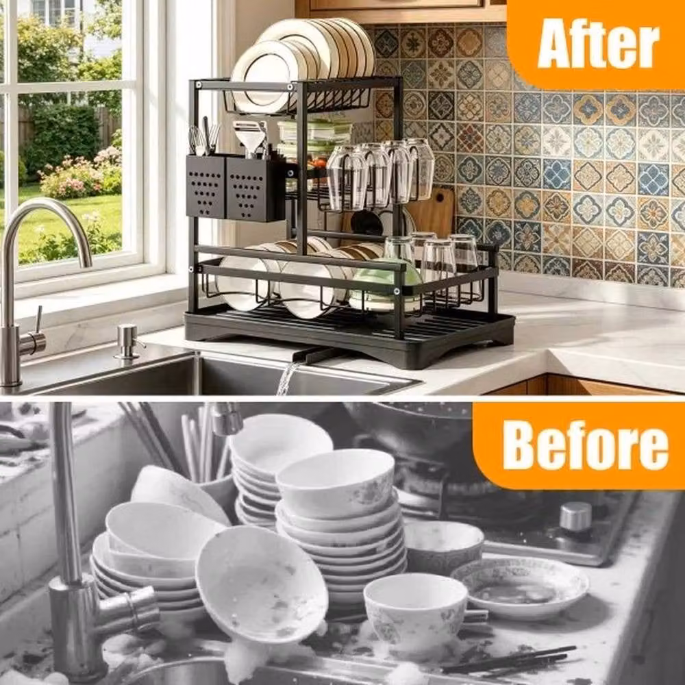 PAWNORA 3 Tier Metal Kitchen Sink Dish Drainer Rack in Black – 3