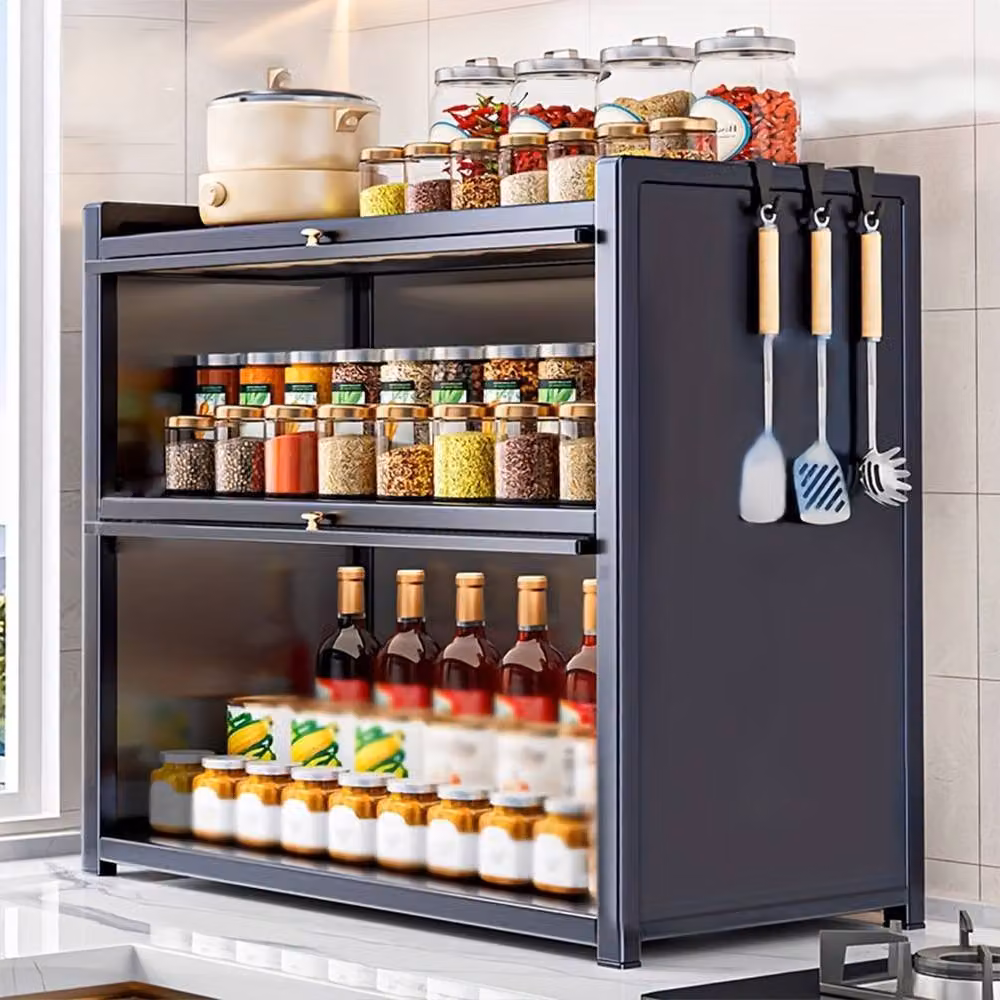 FORGEVIO Two-Layer Spice Cabinet with Flip-Top Drawers in Grey – 4