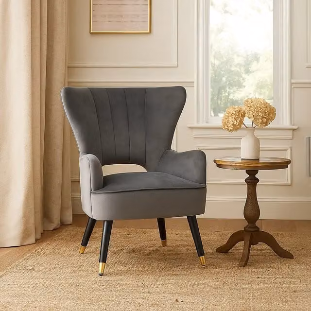 Orsina Grey Velvet Mid-Century Tub Armchair with Gold Details and Rubberwood Legs