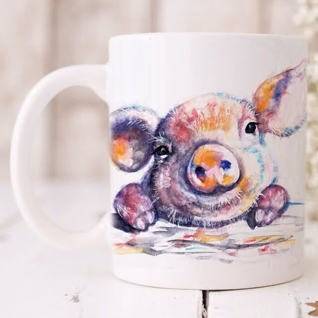 BebesArts Pink and White Pig Watercolour Art Mug