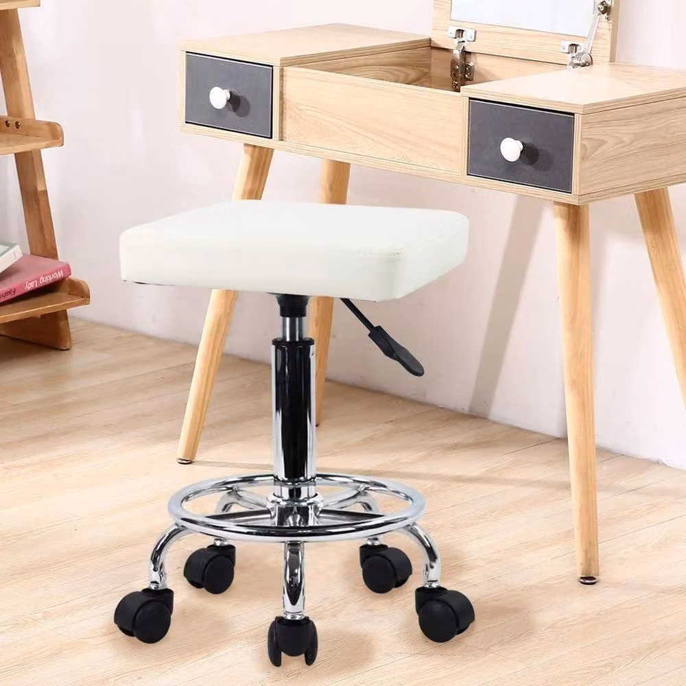 FORGEVIO Square Rolling Stool with Foot Rest in White PU Leather – 2