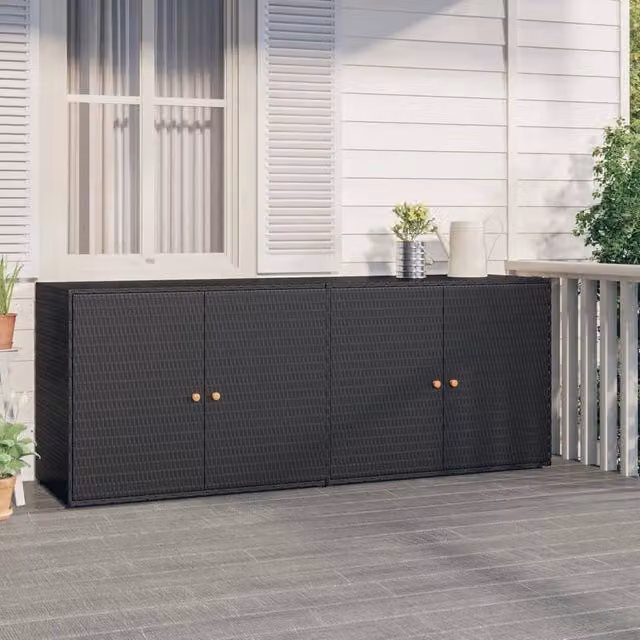 Berkfield Home Garden Storage Cabinet in Black Poly Rattan and Acacia Wood, H: 198 cm, W: 80 cm, D: 55.5 cm – 1