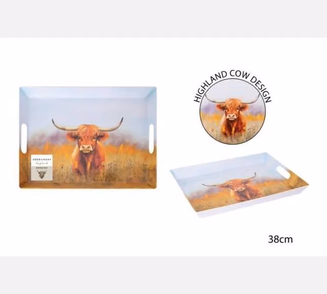 KDMD Highland Cow Rectangular Melamine Serving Tray with Handles, 2 Pack, Brown