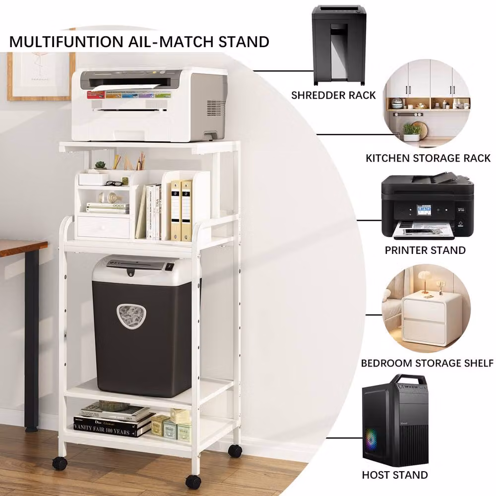 Huhote 4-Tier Printer Stand with Wheels and Adjustable Shelves, White – 4