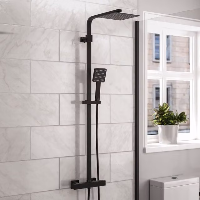 Nes Home Exposed 2 Way Thermostatic Mixer Shower Set with Overhead and Handheld Shower in Matte Black