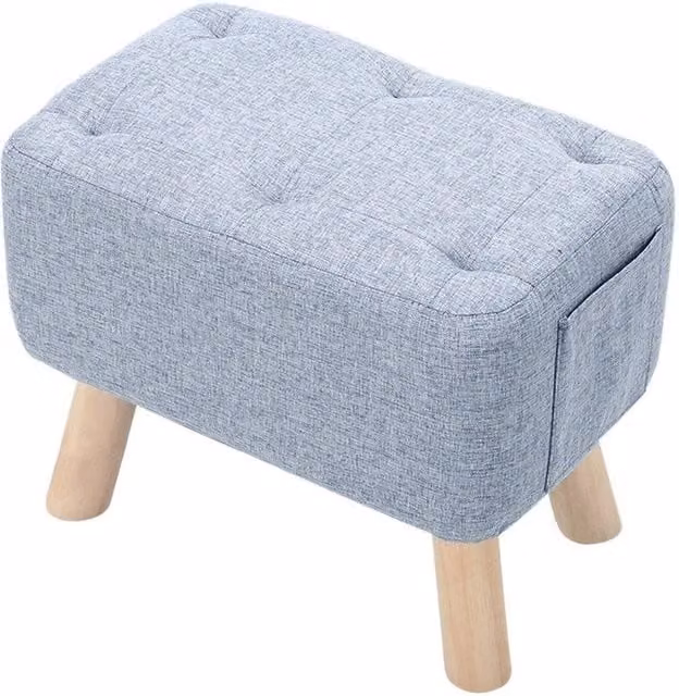Kelvenix Blue Linen Tufted Footstool Pouffe with Oak Wood Frame – 1