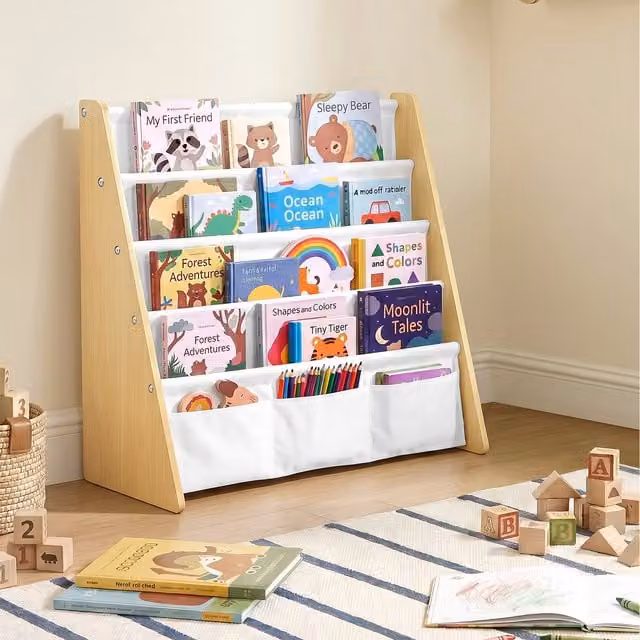 SONGMICS 4-Tier Sling Bookshelf and Kids Book Storage Organiser in Yellow and White