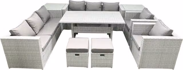 Fimous 8 Seater Rattan Garden Furniture Set with Dining Table, 2 Chairs, 2 Side Tables and 2 Footstools in Light Grey – 1