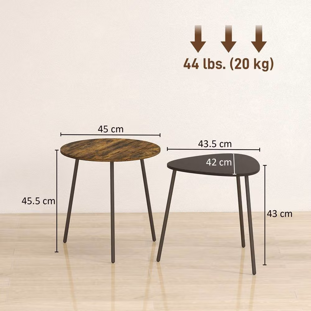 HOMCOM Set of 2 Nesting Side Tables with Round MDF Laminate Tops and Metal Frames in Rustic Brown – 3