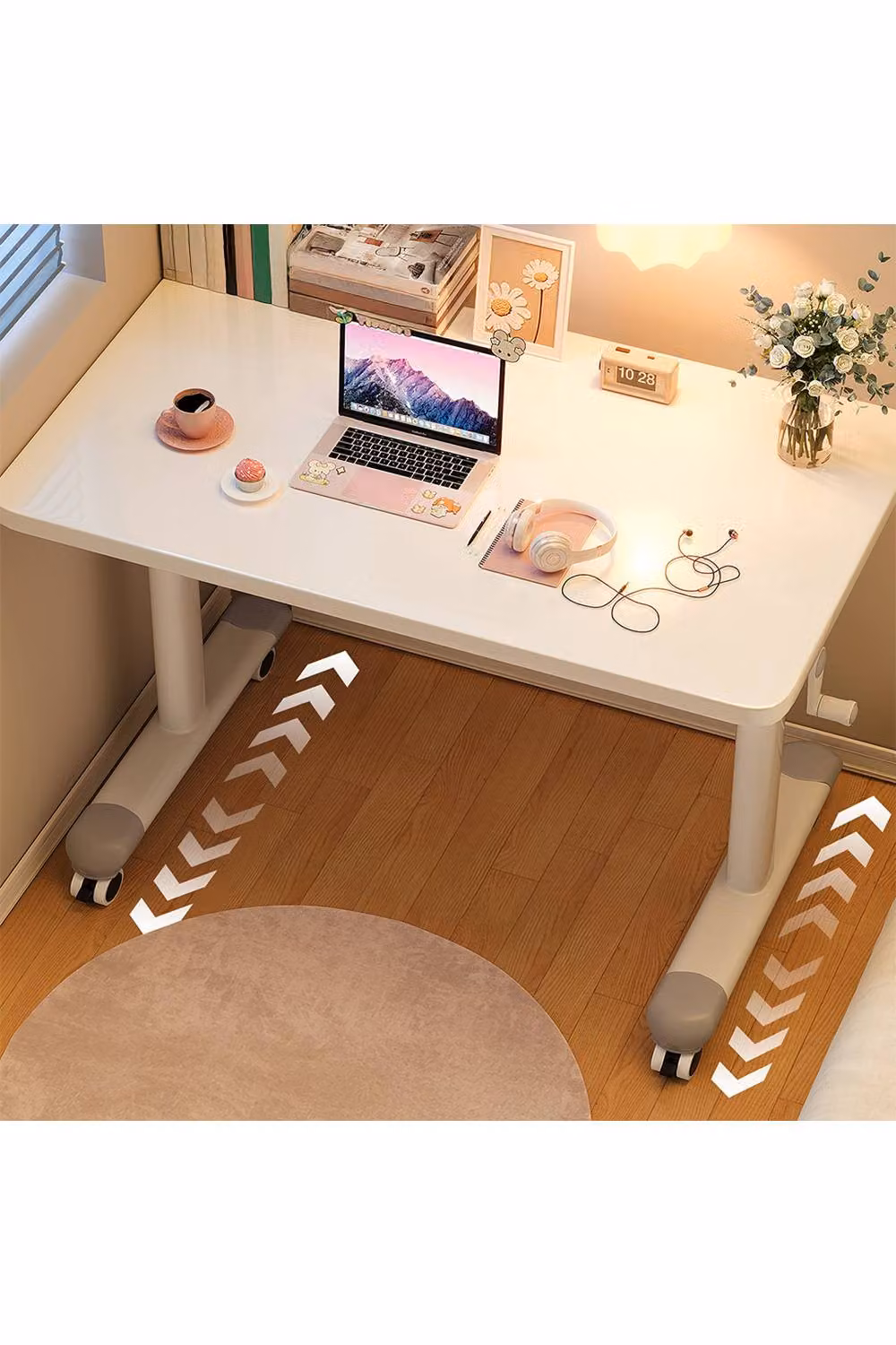 Living and Home Manual Height-Adjustable Computer Desk with Castors, White, W: 100 cm, D: 60 cm – 3
