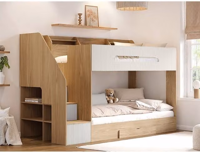 Flair Furnishings Finn Single Staircase Bunk Bed with Storage in Oak and White