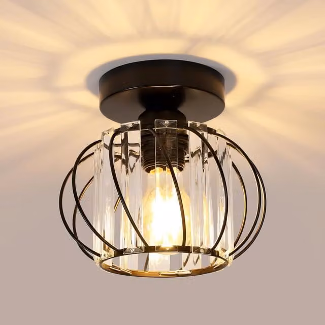 GOECO Modern Crystal Cage-Shaped Ceiling Light in Black and Gold/Brass