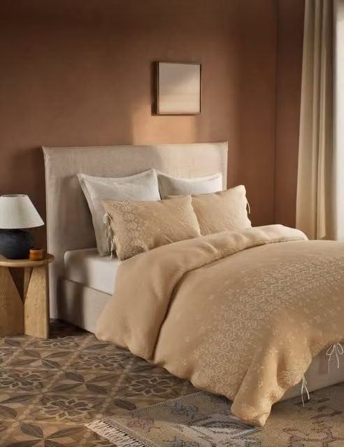 M&S x Fired Earth Sierra Camella Beige Floral Embroidered Pure Cotton Single Bedding Set