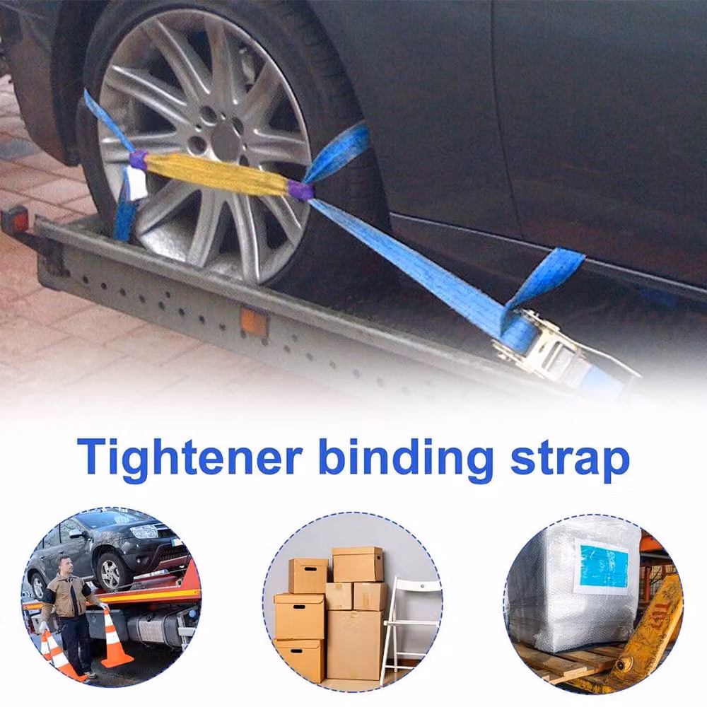 Ventryn 4 Piece Ratchet Wheel Strap Set in Blue with 50mm Width, 4 Metre Length and 5T Capacity including Round Slings – 5