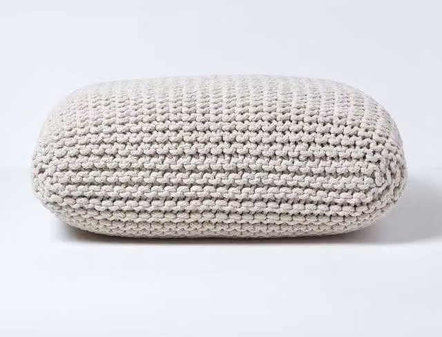 Homescapes Square Cotton Knitted Pouffe Floor Cushion in Beige