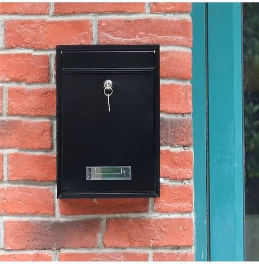 Living and Home Lockable Wall Mounted Metal Letter Box in Black with 2 Keys and Transparent Nameplate Window, W/D/H: 21.5 x 8.5 x 32 cm