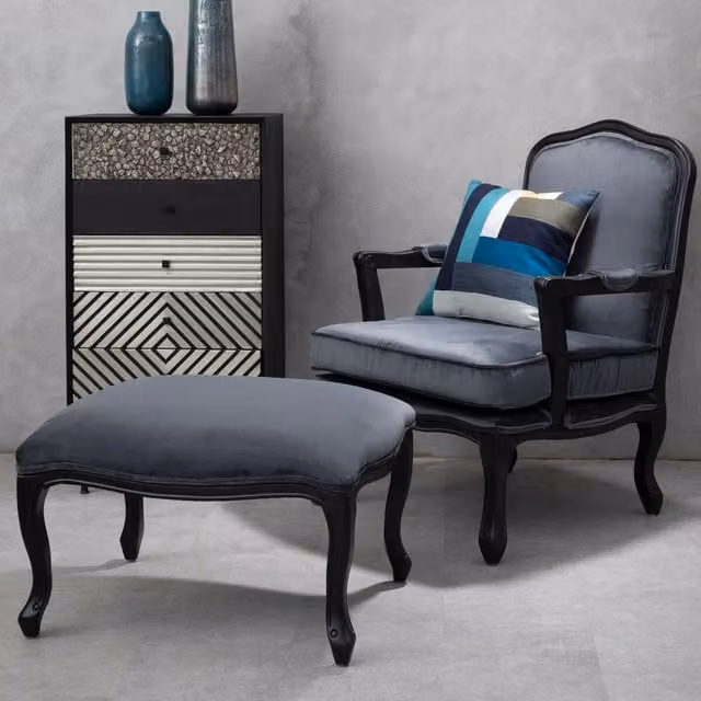 Fifty Five South Orsina Modern Grey Velvet Chair and Matching Ottoman Set – 2