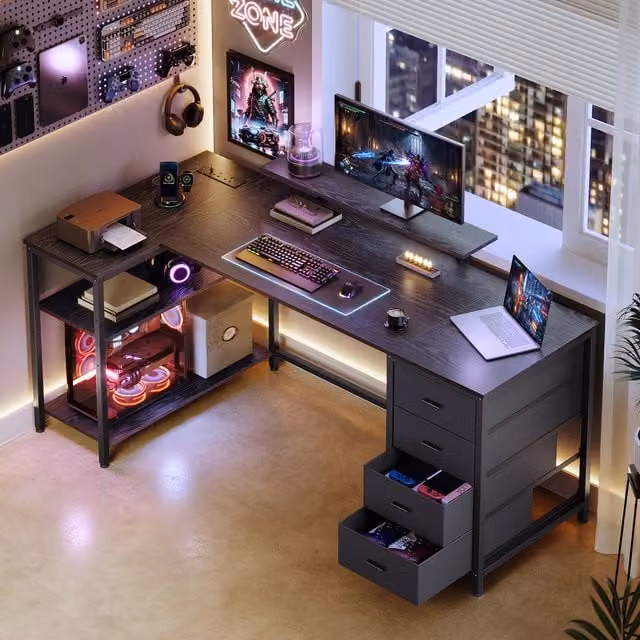 VASAGLE Modern L Shaped Corner Desk with Power Outlets in Black