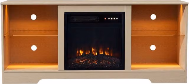 Lifeideas Freestanding Electric Fireplace Cabinet in Wood Finish, Brown and White with Glass