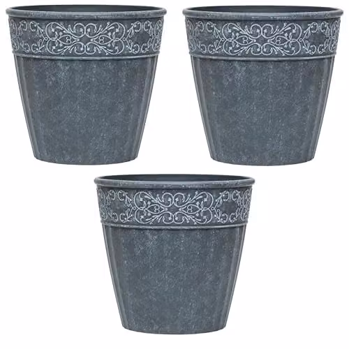 Garden Gear Damask Lead Effect Planters, Grey, Diameter: 28 cm (Set of 3)